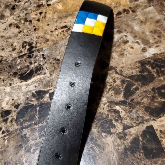 1.5 inch pyramid studded belt -blue, white, yellow on black - Picture 2 of 5